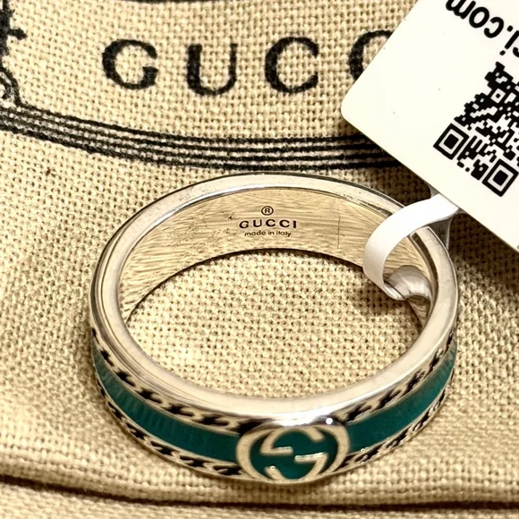 Gucci Men's Interlocking G Enamel Ring Turquoise Silver Size 11 NIB - Picture 2 of 6